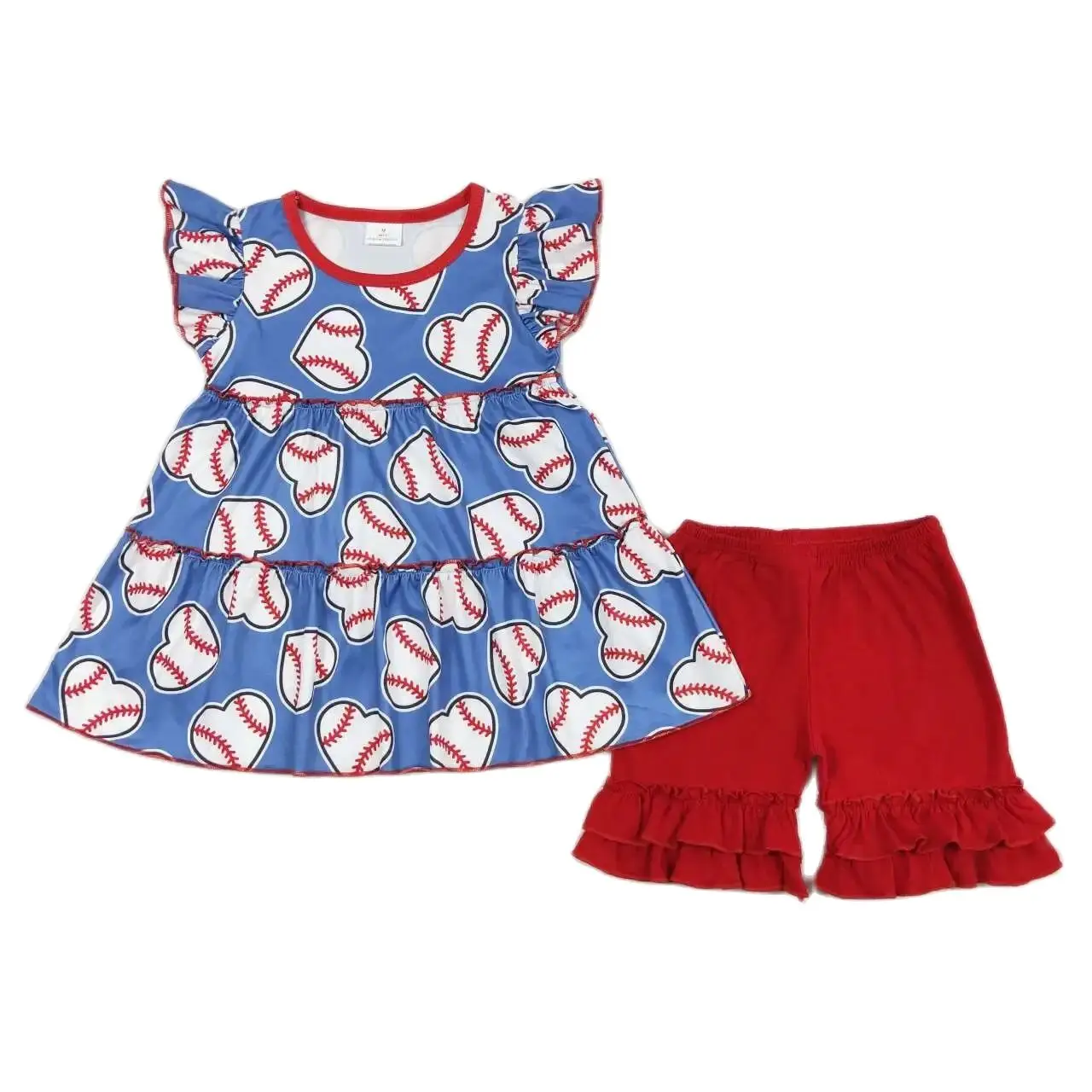 

Wholesale Boutique Baby Girl Set Toddler Ball Short Sleeves Baseball Hearts Tunic Kids Ruffle Red Shorts Children Summer Outfit