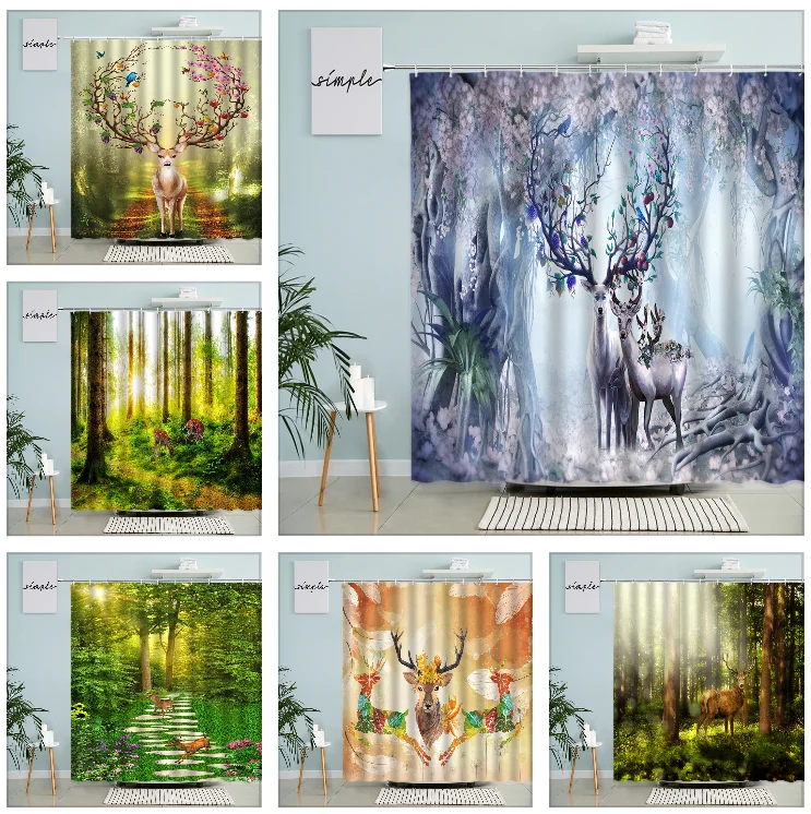 

Forest Landscape Shower Curtain Green Plants Flower Waterfall Scenery Swan Deer Lotus Sunshine Nature Bathroom Screen Home Decor
