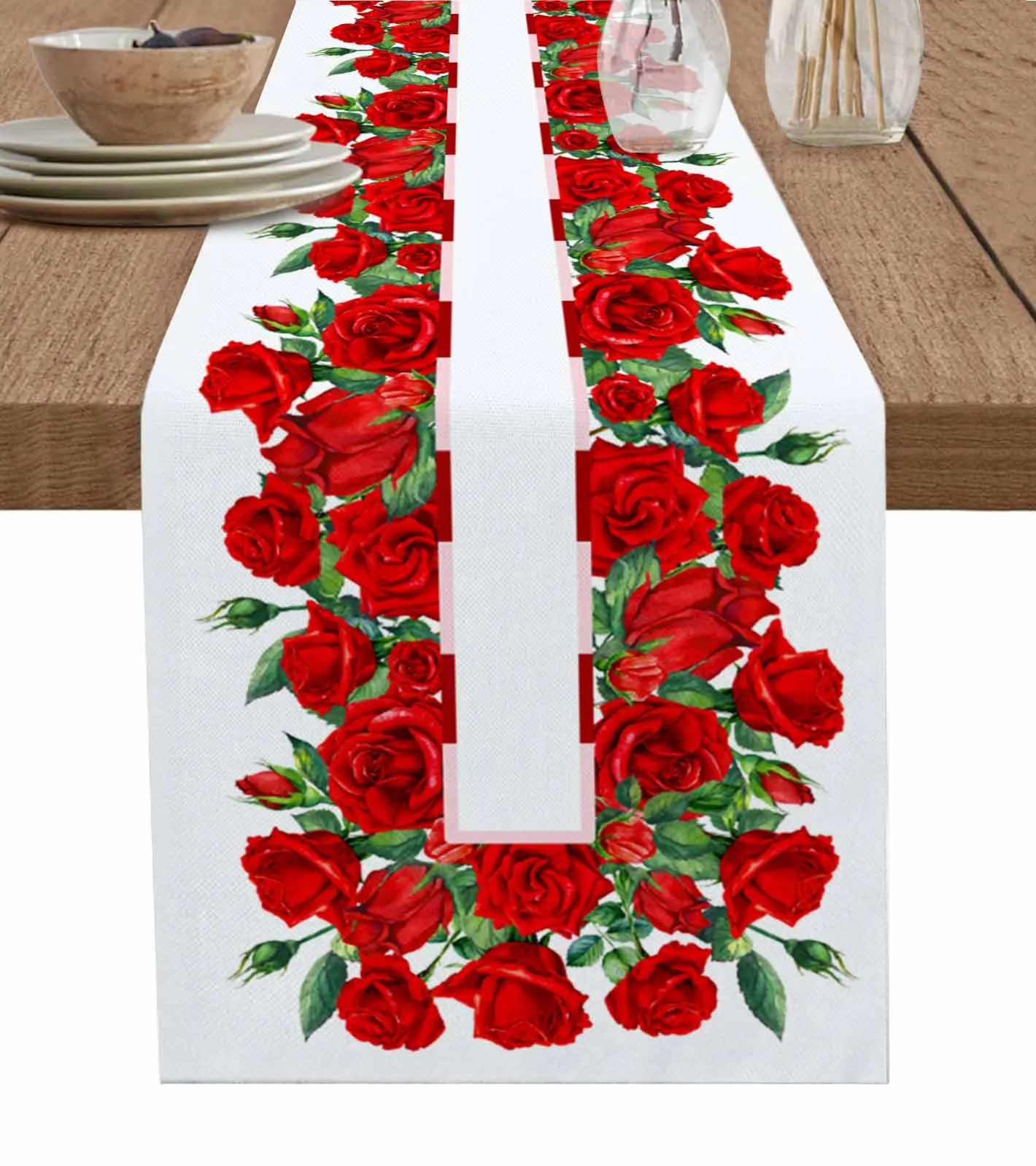 

Valentine'S Day Watercolor Flower Red Roses Linen Table Runner Kitchen Table Decoration Dining Tablecloth Wedding Party Decor