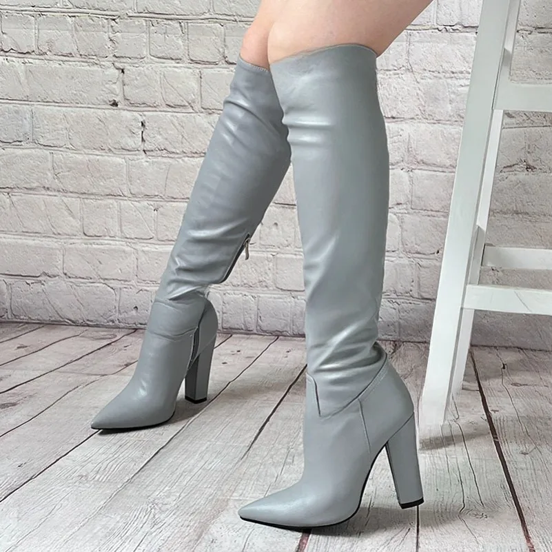 

2024 Italian Style Women Winter Knee Boots Matt Block Heels Pointed Toe Nude Black Red Boutique Party Shoes US Size 5-15