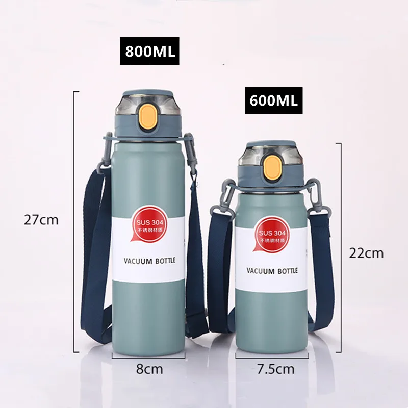 304 Sport Vacuum Flask With Straw Portable Thermos Mug With Strap 600Ml