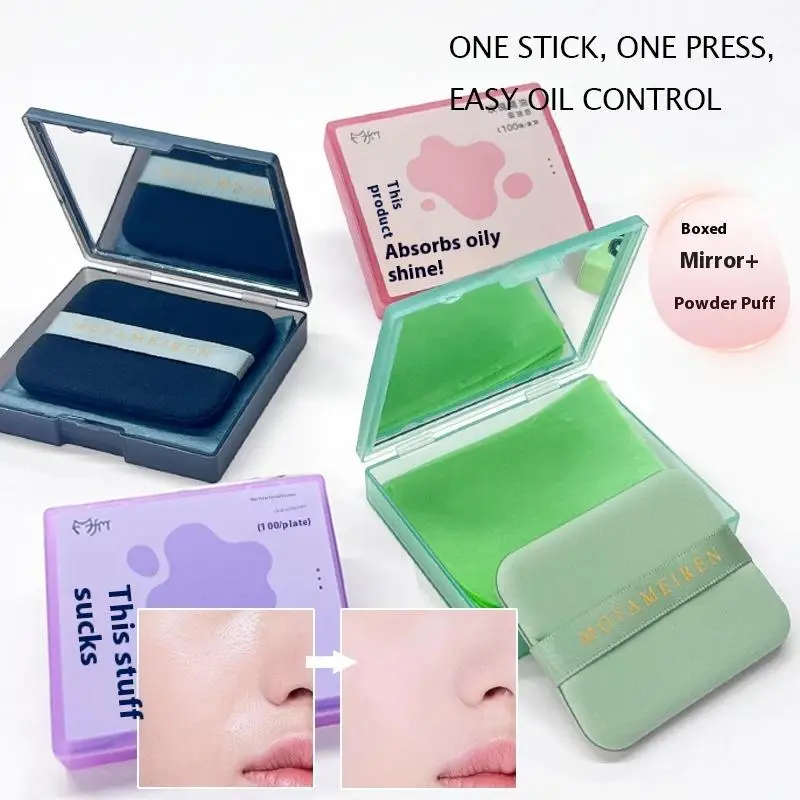 거울 케이스 퍼프가 포함된 100매 유분 흡수 종이 휴대용 블로팅 대나무 숯 차 종이 지성 피부용 메이크업