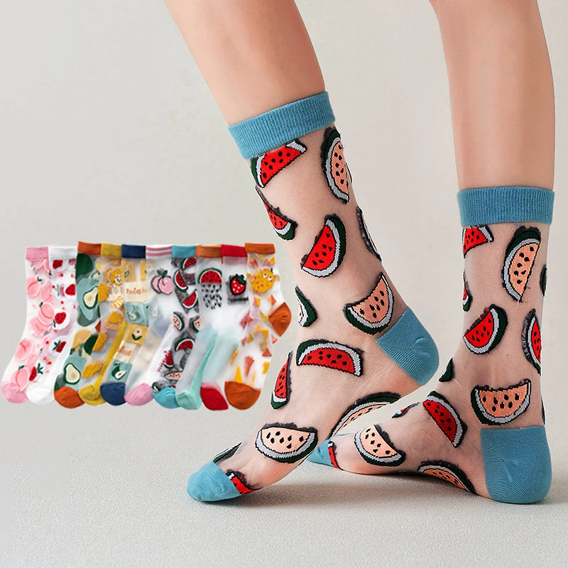 

Women Socks Korea Style Animal Casual Harajuku Transparent Crystal Silk Trend Cartoon Fruit Breathable Glass Silk Socks Meias