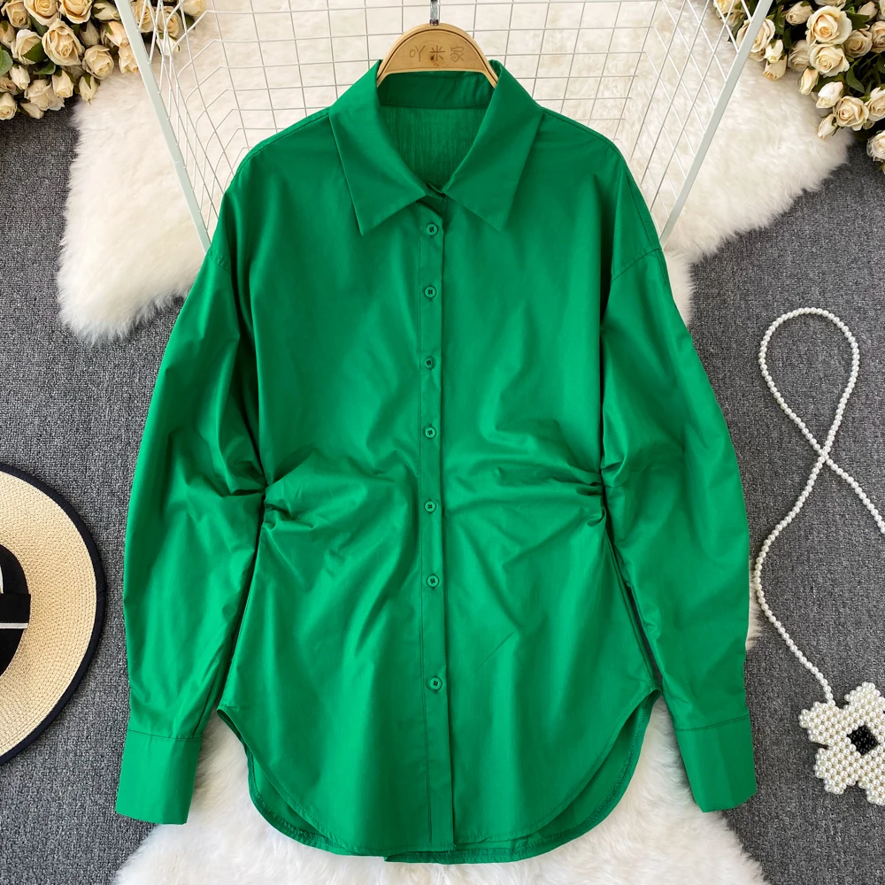 

Spring Korean Design Sense Niche Loose Long-sleeved Single-breasted Pleated Solid Color Casual Tops