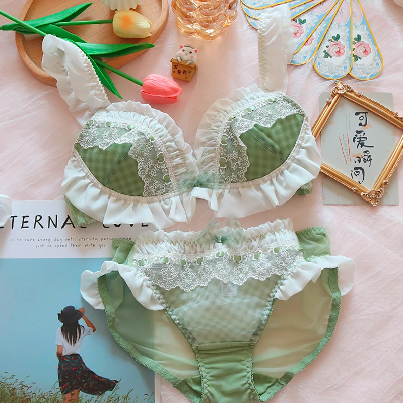 Lolita Cute Underwear Ruffles Japanese Sexy Flower Thin Wire Free Bra and  Panty Set for Women Lingerie Bralette Female Hot