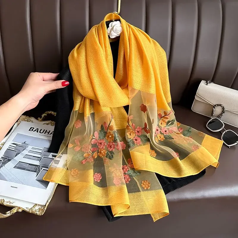 

2024 New Silk Wool Scarf Women Embroidery Spring and Summer Spliced Long Scarves Pashmina Female Shawl Foulard Stoles L25