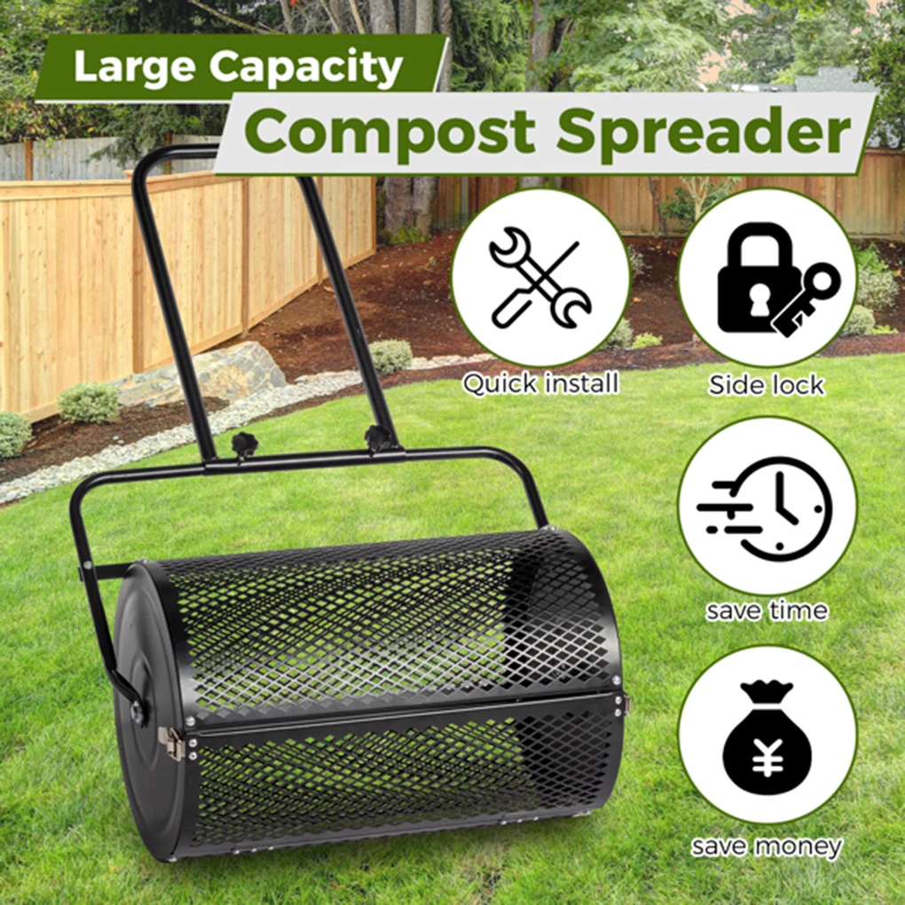 24 inch Compost Spreader for Lawn Garden Peat Moss Roller with Double Side Latches Steel Mesh Basket for Topdressing Seedling