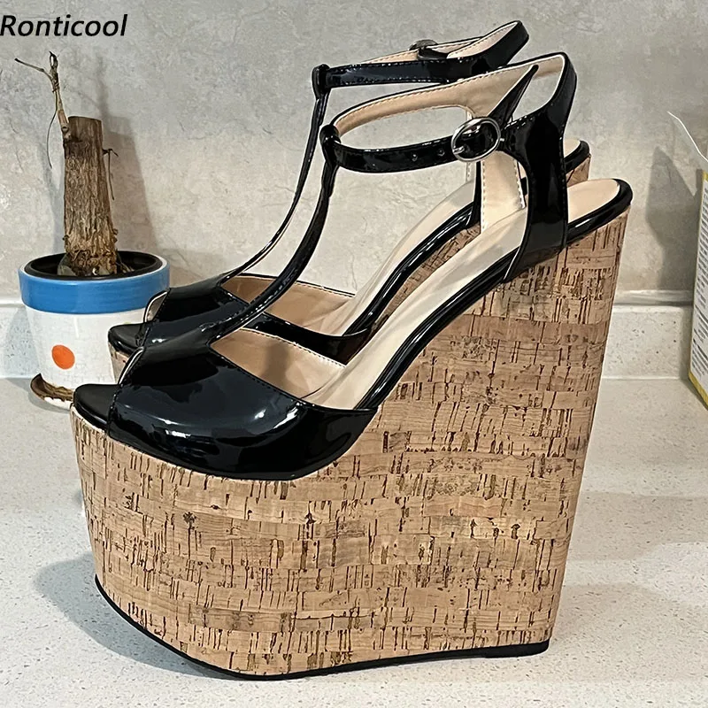 

Ronticool Handmade Women Summer Shiny Sandals Cork Wedges High Heels Peep Toe Elegant Black Dress Shoes Ladies US Plus Size 4-15