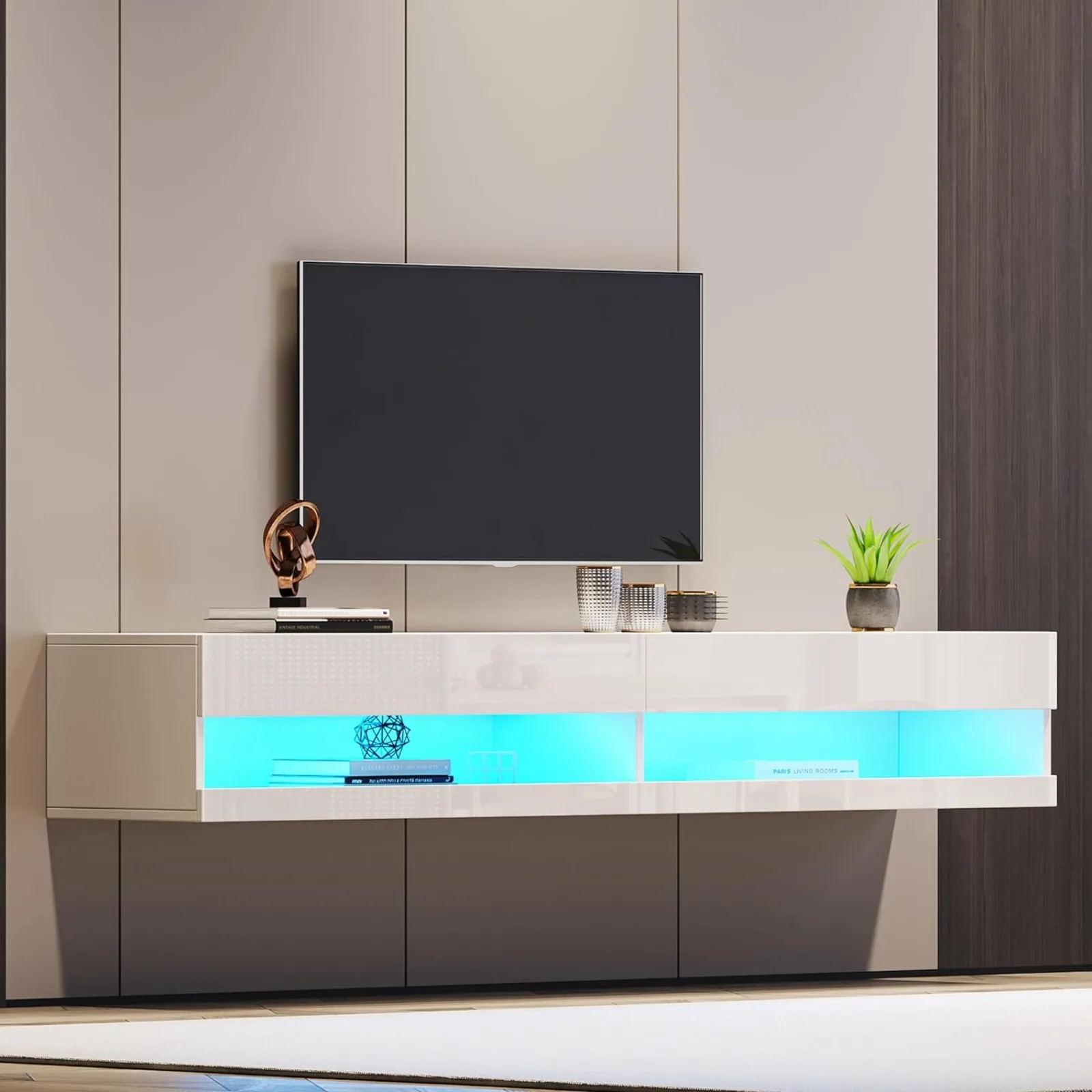 

US WERSMT Floating LED TV Stand, Wall Mounted Entertainment Center for 65 70 75 80 inch TV, Modern High Gloss TV Stand TV, White