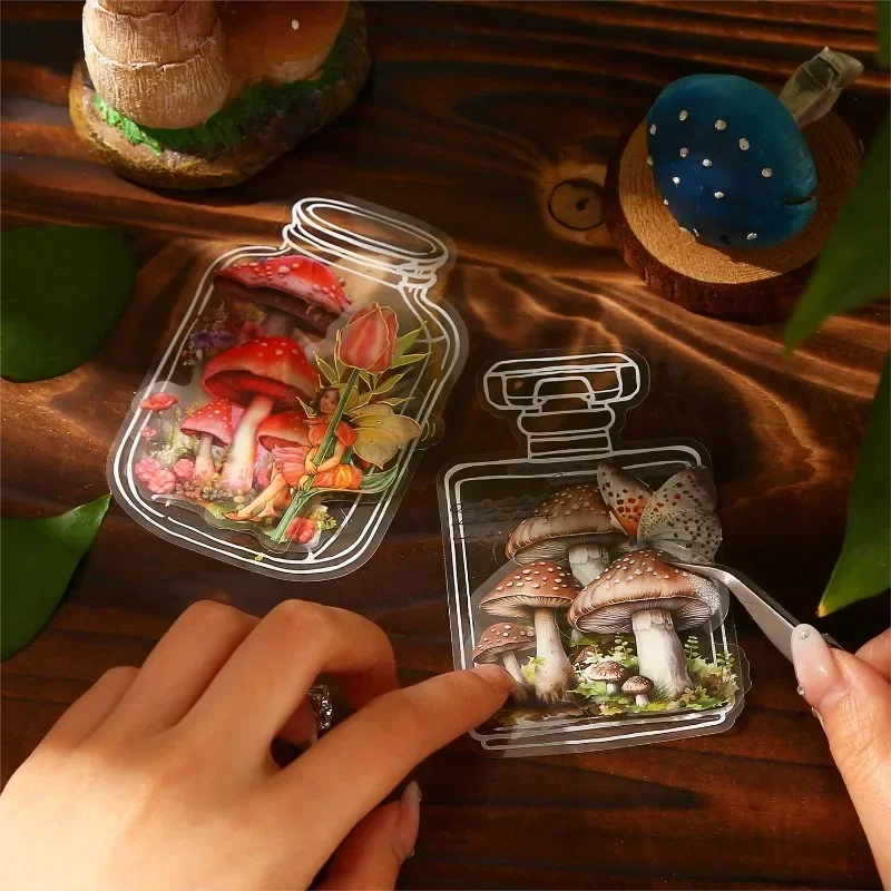 PET 스티커 버섯 병 레트로 버섯 핸드북 용품, 배경 소재 스티커, 스크랩북 136x100mm, 30 개