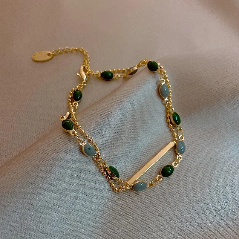 Crystal Bracelet Accessories For Women Crystal Charm Bracelets Gold Color Beaded Chain Double Layered Adjustable Bracelet Jewelry Gift