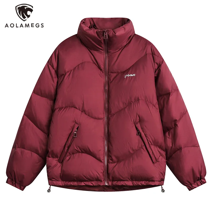

Men White Duck Down Jacket Letter Embroidery Solid Color Thick Coat American Retro Loose Warm Stand Collar Couple Parkas