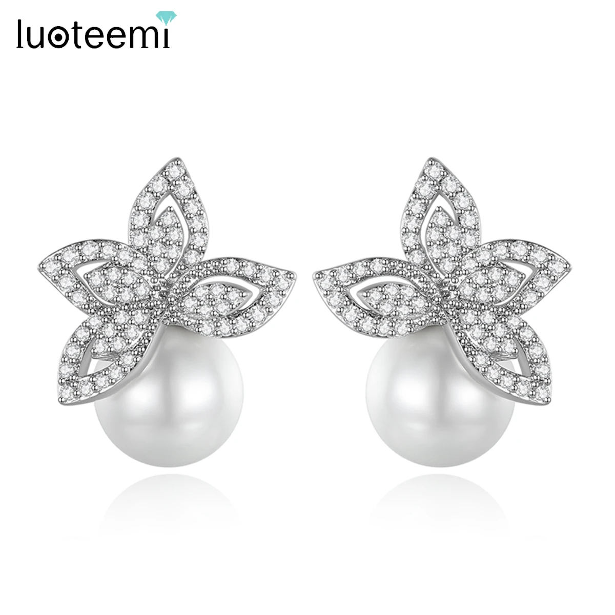 

LUOTEEMI Elegant CZ Flower Imitation Pearl Women Ear Studs High Quality Female Zircon Stone Cute Earrings Jewelry Party Gifts