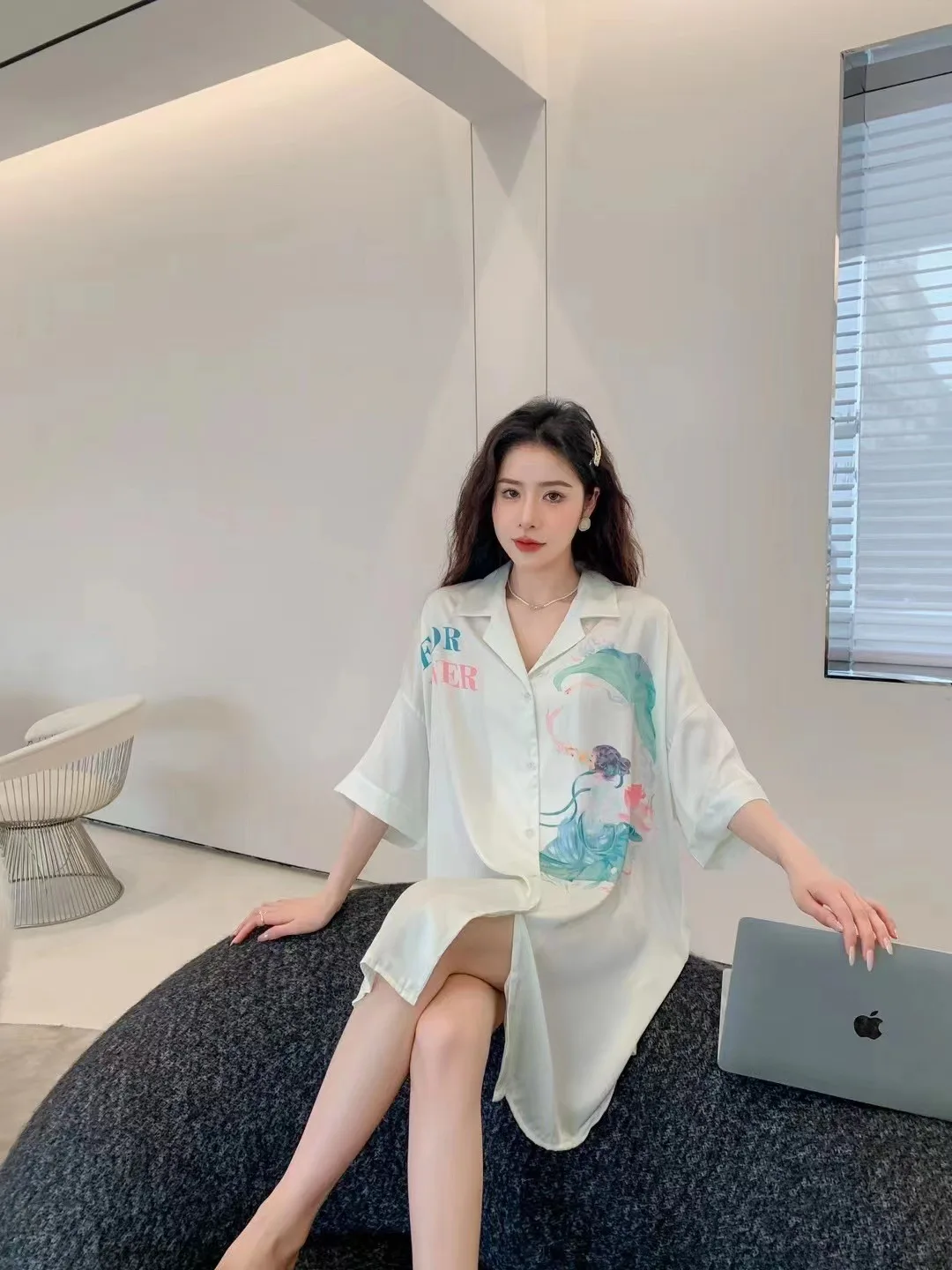 New Sleepwear Women's Cartoon Fashion Shirt Skirt Homewear Short Sleeve Large Cardigan Multiple Styles