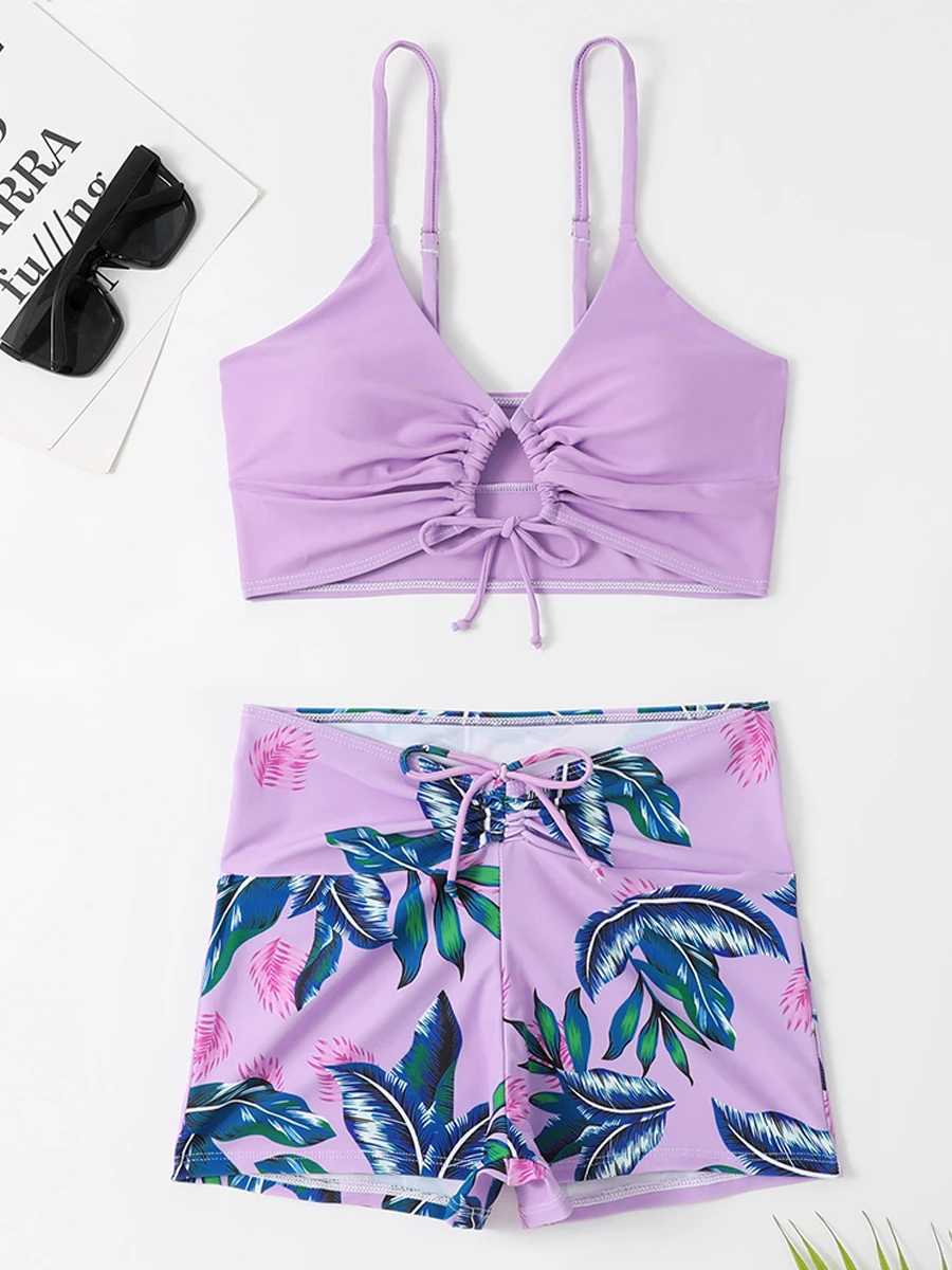 Leaf Printed Drawstring Bikini Women High Waist Swimwear Female Shorts Swimsuit Padded Beachwear Bathers Tie Front Bathing Suit