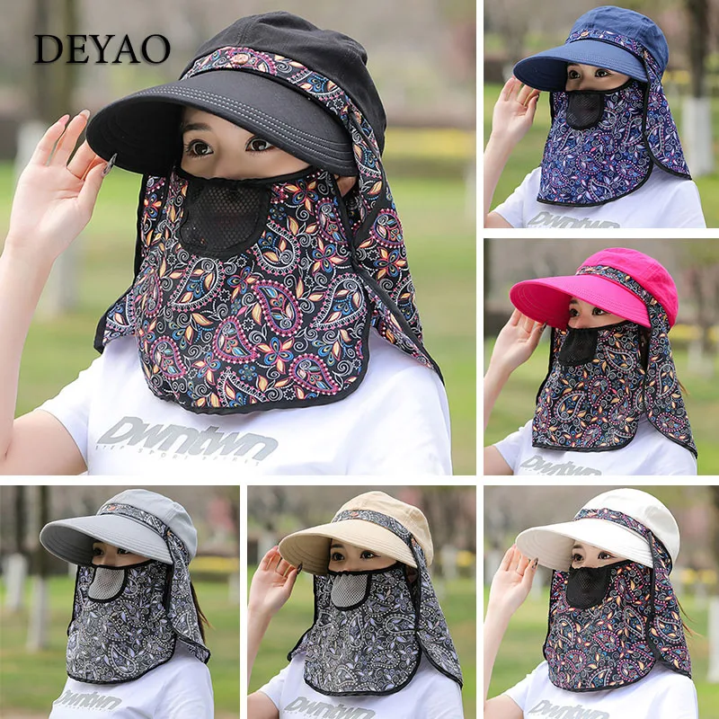 

Floral Print Sun Hat Women Summer UV Protective Full Face Cover Windproof Dustproof Hat Long Brim Sport Cap With Mask Detachable