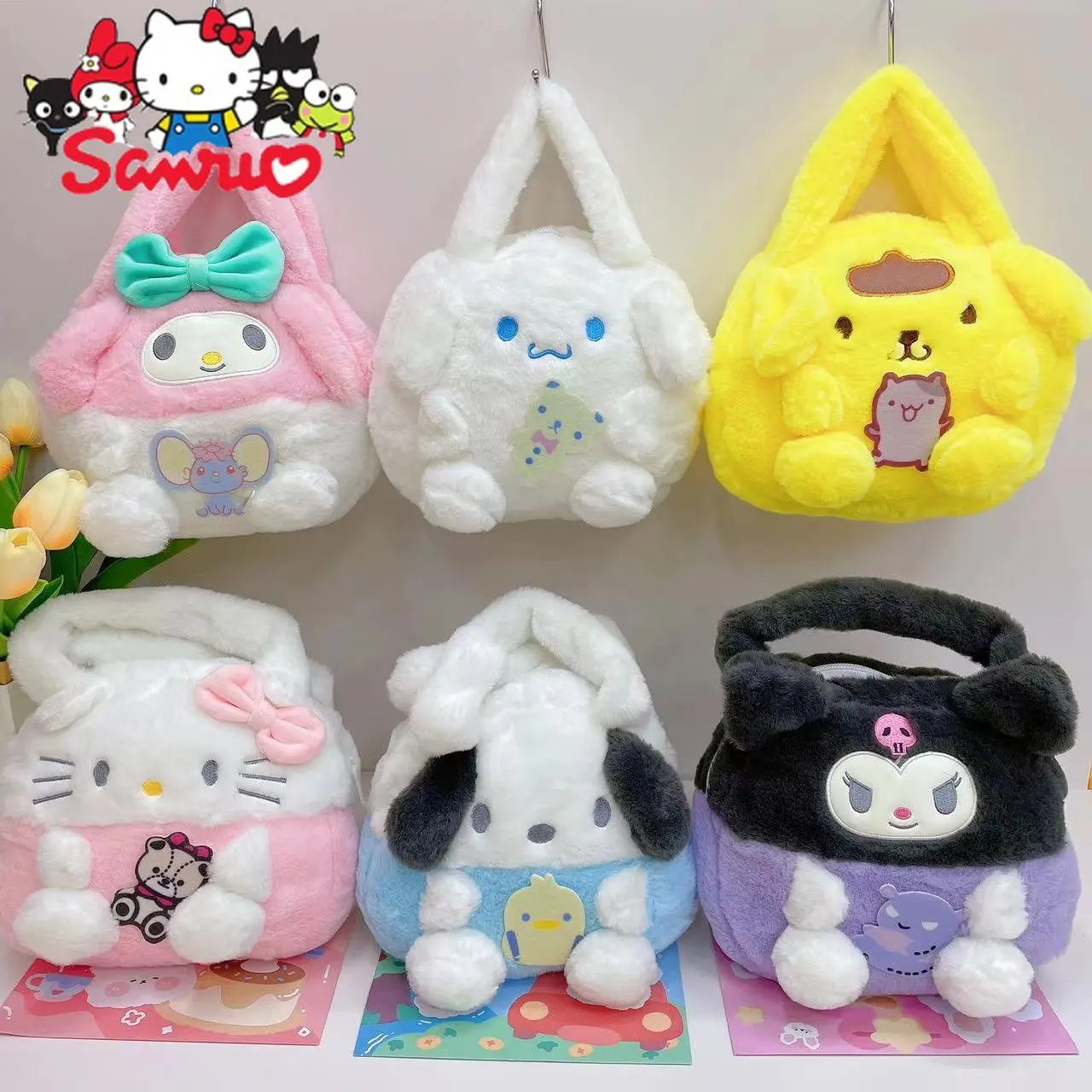 Sanrio Kuromi Hello Kitty Melody Cinnamoroll Pochacco Cartoon Plush Toy Bag 25CM Handbag Doll Crossbody Soft Toy for Children