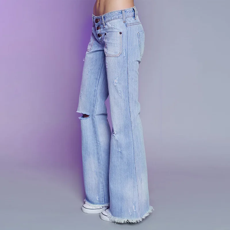 Low Waist Flare Pants Women Single Breasted Big Hole Wide Leg Pants Tassel Denim Trousers Women Fashion Streetwear Denim Pant denim