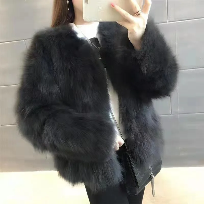 Women Cropped Fur Coat 2024 Korean Style Stand Collar Imitation Mink Fur Jacket Solid Colors Faux Rabbit Autumn Winter Outwear