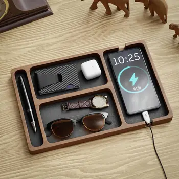 Scatola portaoggetti da scrivania in legno massello con divisori, organizer per cellulare, cuffie e piccoli oggetti, vassoio portaoggetti in legno