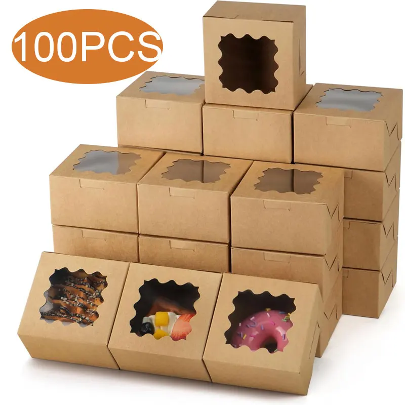 50/100Pcs Kraft Paper Cake Boxes with Clear Window, 4x4x2.5 Inch Cardboard Dessert Cont... - SKU KPCB1696 - UGI Packaging