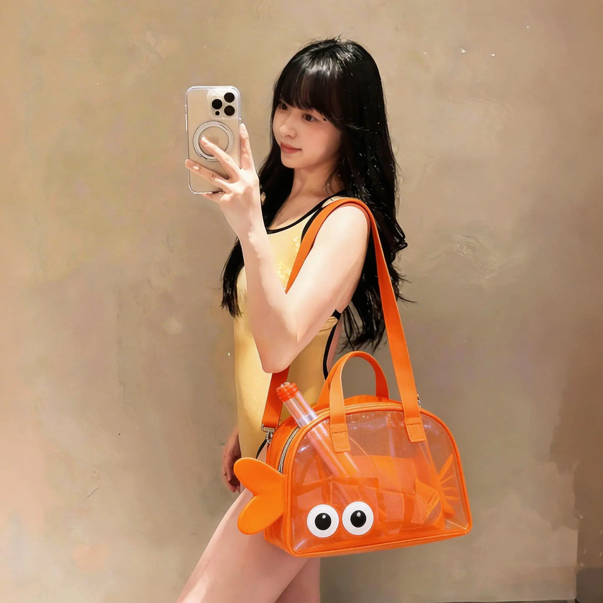 대용량 수영 가방 습식 및 건식 분리 메쉬 귀여운 작은 물고기 반투명 수영복 비치 백 핸드헬드 크로스바디 백