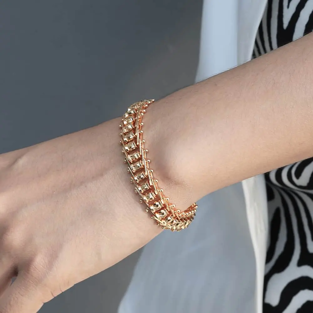 13mm 585 Rose Gold Color Bracelet Bangle for Women Hammered Centipede Smooth Carved Beads Ball