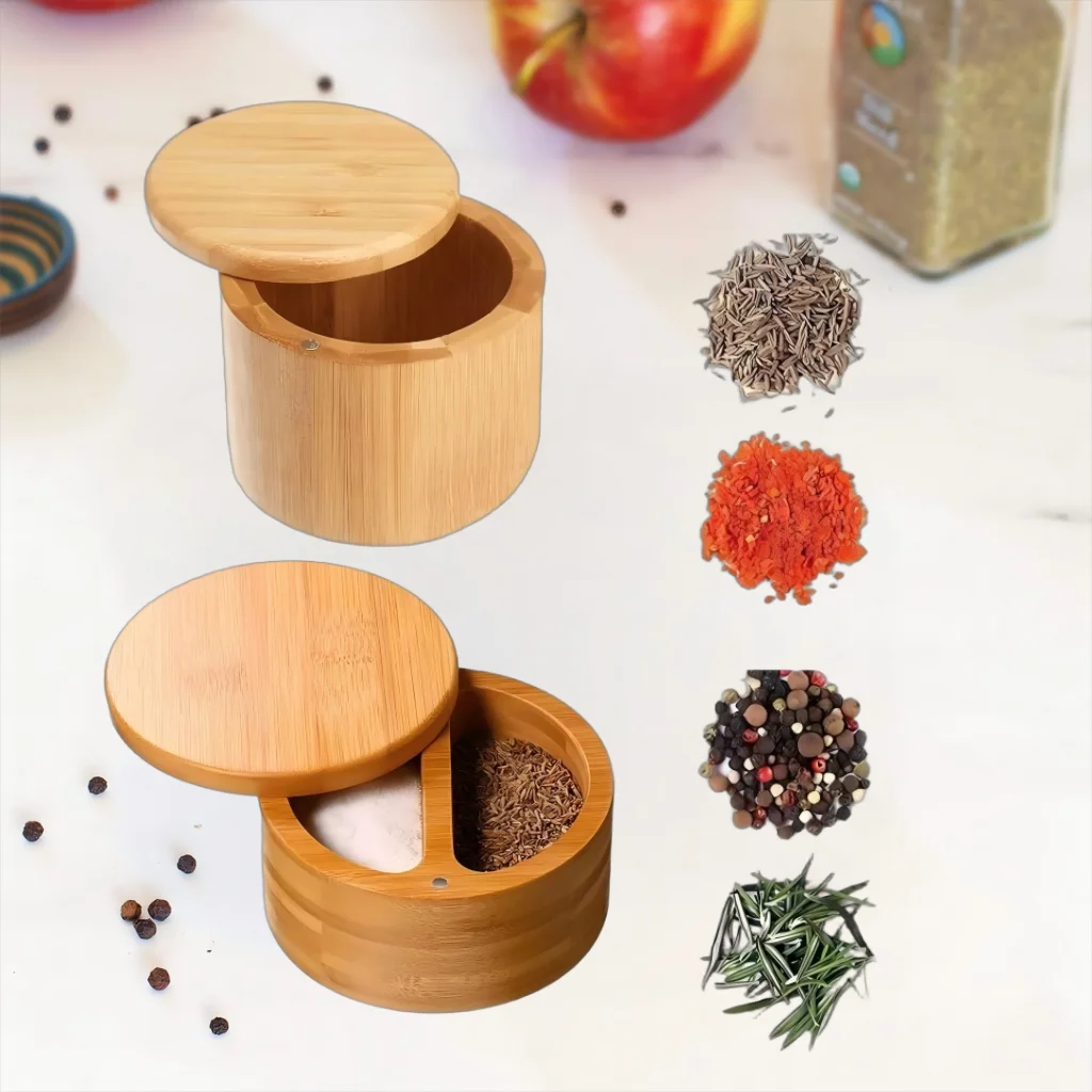 Bamboo Salt Cellar with Swivel Lid Natural Bamboo Salt & Pepper Condiment Set with Magnetic Lid for Jars Sugar Spice