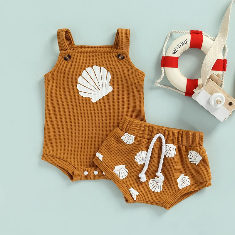 Baby Summer Clothing Sets kids clothes set two piece set baby girl clothing set shorts suit 0-18M Toddler Infant Boys Girls Shell Print Strap Button Plaid Knitted Bodysuits + Shorts Tracksuits