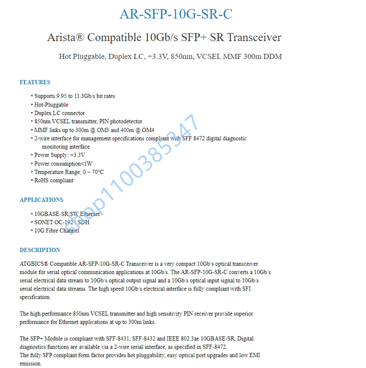 1PCS Arista sfp 10g/SFP-10G-SR/XVR-00001-02/arista 10g sfp+ fiber switch/arista sfp+ 10GB fiber switch