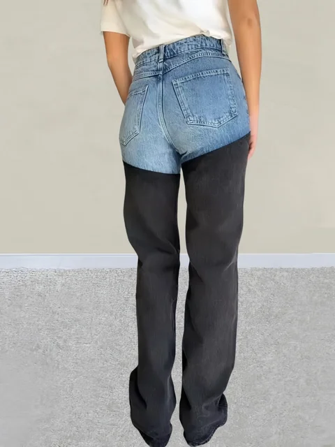 Trashy Y2K 2000S Washed Blue Black Patchwork Slim Stretch Jeans Pants For Women Clothing Casual Lady Denim Trousers Ropa Mujer 2