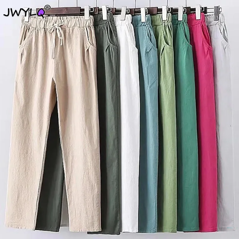 

Casual Cotton Linen Baggy Pants Womens Korean Fashion Solid Elastic Waist Lace-up Loose Harem Pants Black White Pocket Trousers