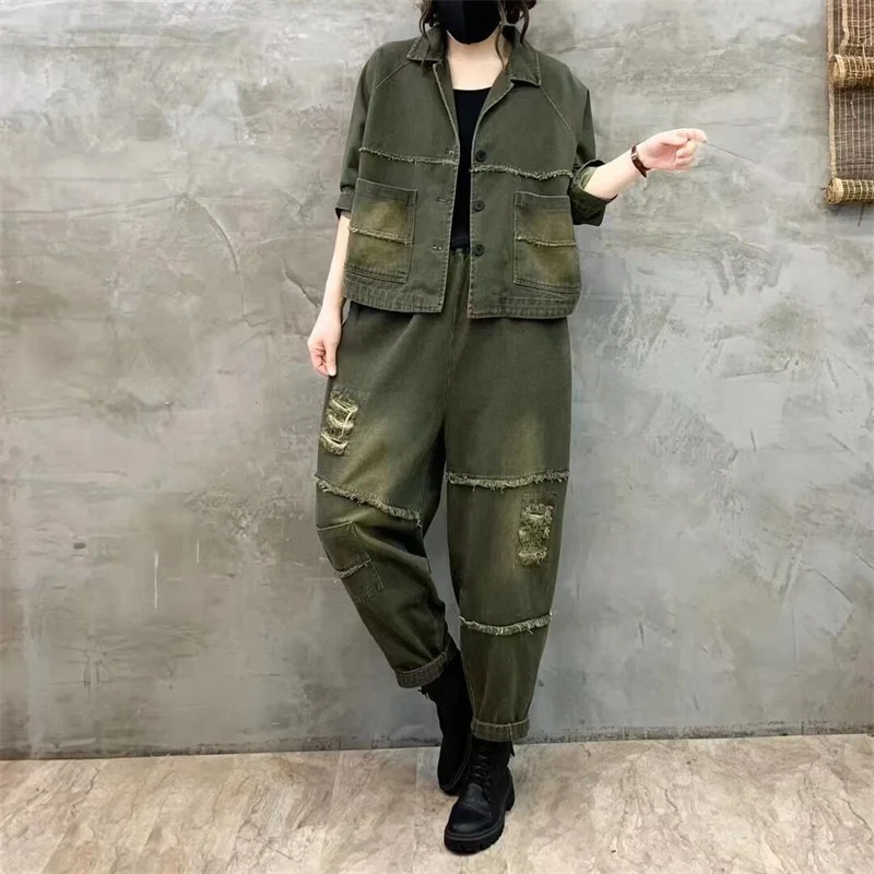 2024 New  Autumn Artistic Style Mom's Fashion Denim Set Women Spring Autumn Short Coat Loose Western Casual Jeans Two Piece Set