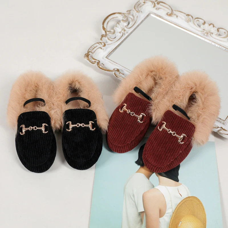 Kids Fur Princess Shoes for Baby Girls Slip On Loafers leather shoes,girls shoes,girls flats