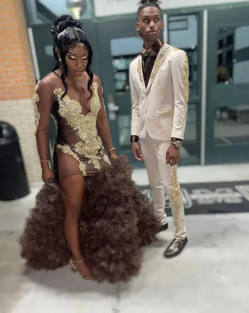 Marrom babados africano baile de formatura vestido personalizado