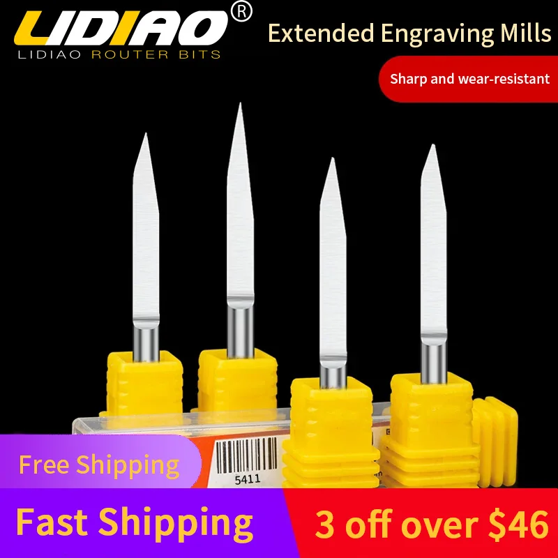 

LIDIAO Extended Flat Bottom Engraver Bits 4mm Shank CNC Carving Router Cutters Tungsten Steel V Shape Milling Woodworking Tools