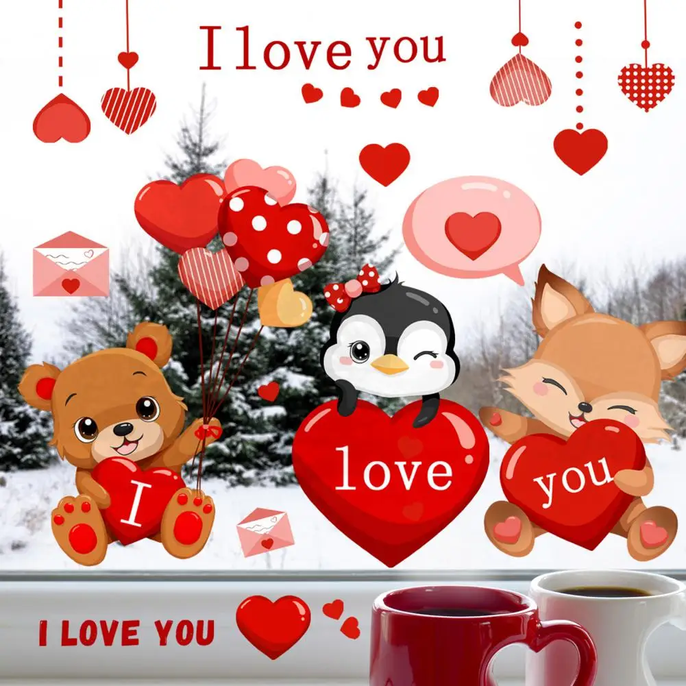 Valentine Day Electrostatic Decal Valentine Day Window Stickers Valentine's Window Sticker Set Cute Cartoon Bear for Holiday