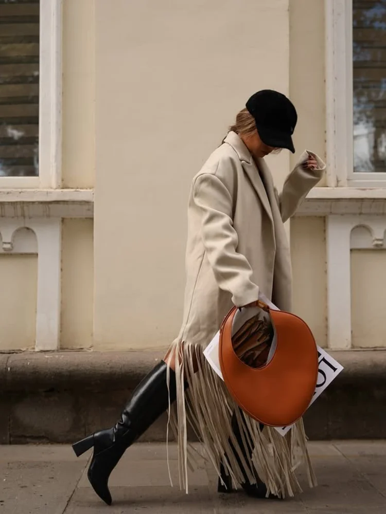 Fashion Tassel Hem Women's Coat Autumn Winter Turndown Collar Long Sleeve Female Overcoat 2024 Brown High Street Lady Outwear 5