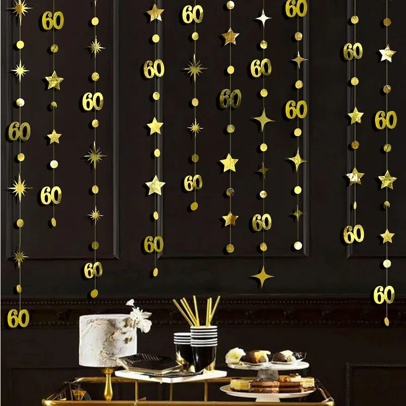 Gold 60th Birthday Decorations Number 60 Circle Dot Twinkle Star Garland Banner Backdrop for 60 Year Old Birthday Party Supplies birthday streamers,birthday banner,party decorations