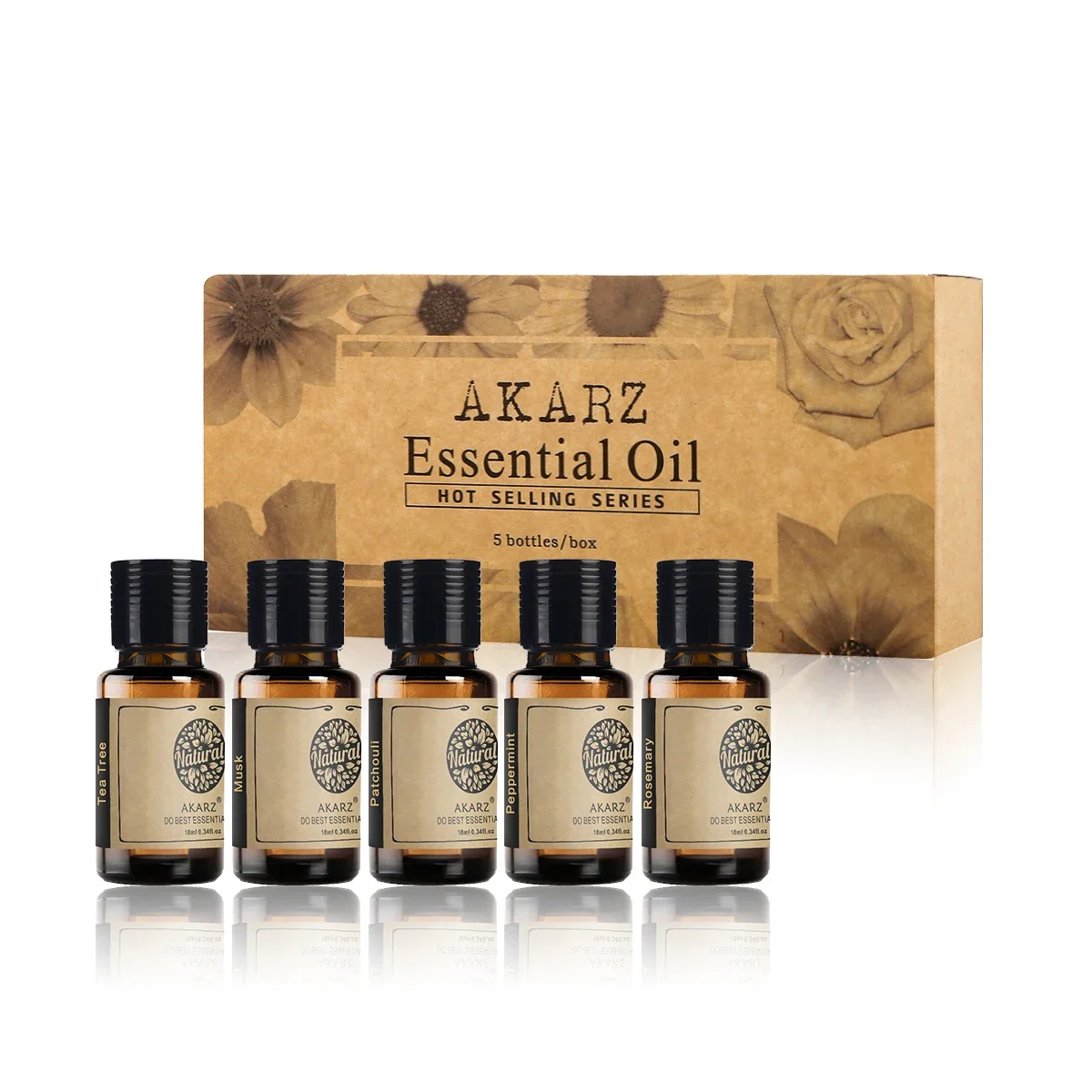 AKARZ Hots Essential Oil Set with Tea Tree, Patchouli, Peppermint, Rosemary - Aromatherapy, Massage, Spa благовония hem patchouli vanilla hexa пачули ваниль 20 палочек в упаковке шестигранник