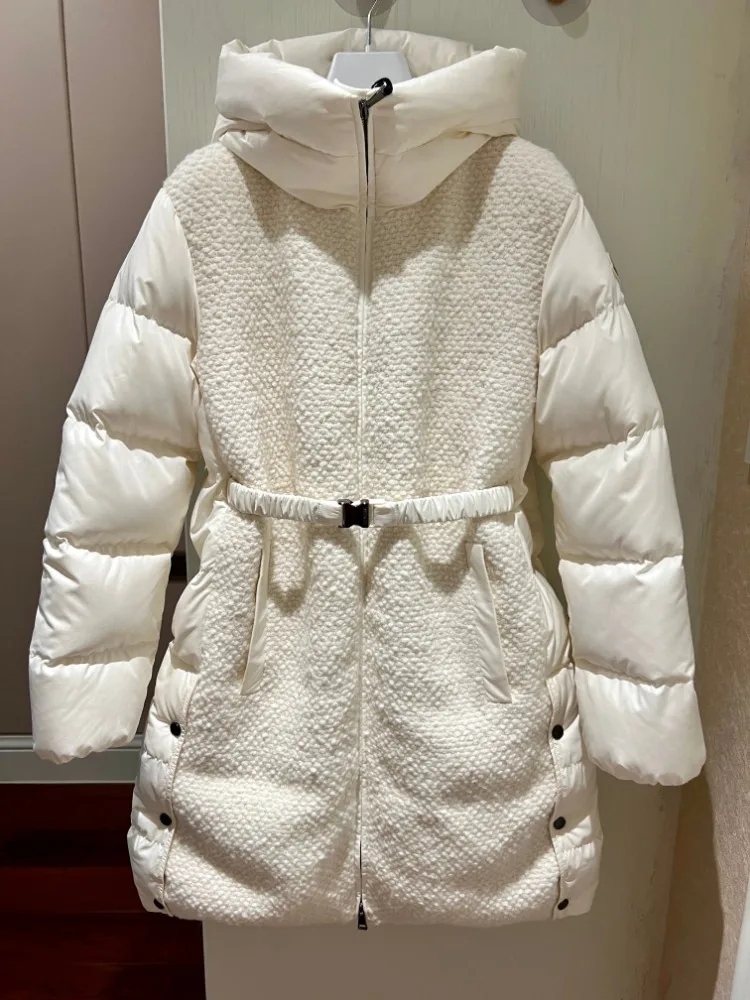 

Winter White Belt Wool Long Sleeve Down Jacket Coat
