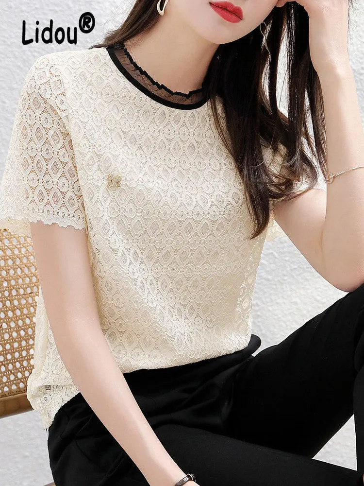 

Женская Кружевная футболка с коротким рукавом и круглым вырезом