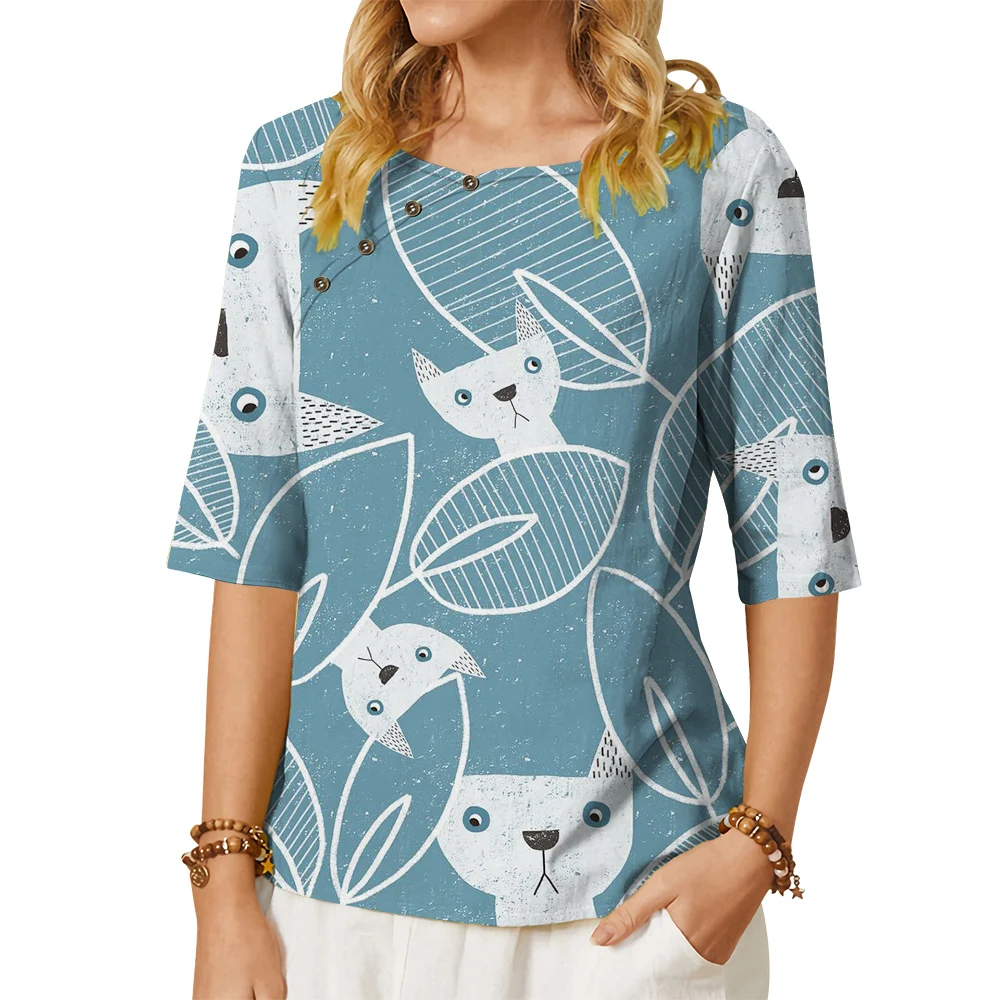 

CLOOCL Women T-shirt Cat Hide and Seek Pattern 3D Printed Button Decorate Crew Neck Middle Sleeve Tee Summer Casual Blouse