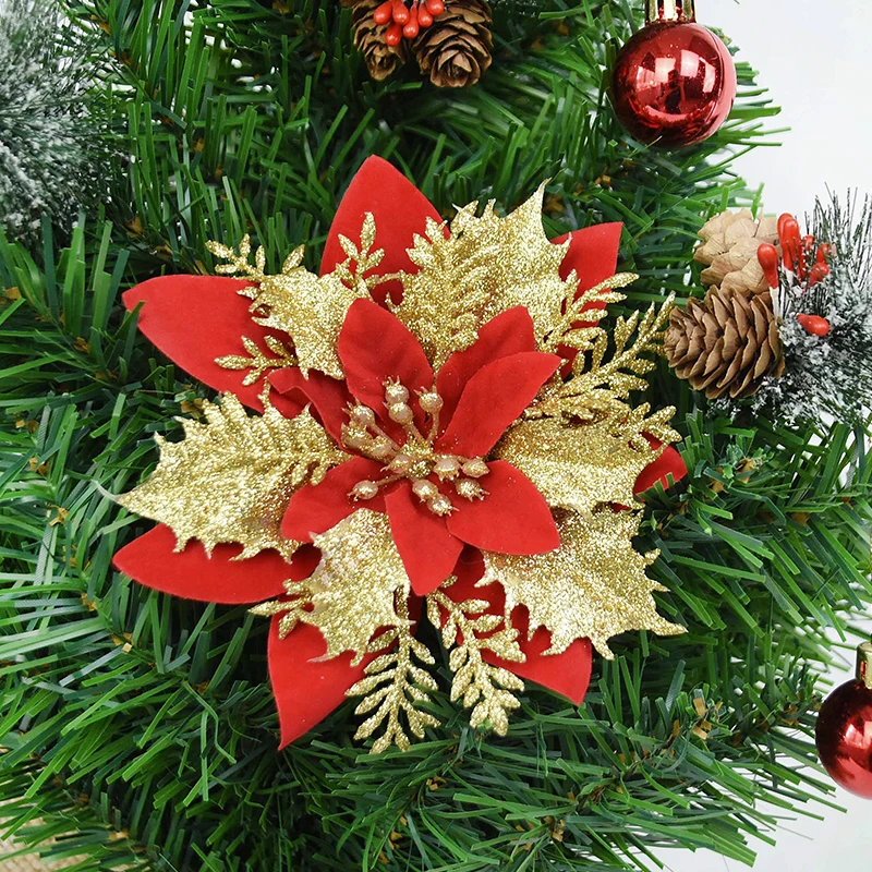 thumbnail image 1 of 3/5/10 piezas de flores navideñas rojas con purpurina de 14 cm, flores artificiales para árbol de Navidad, decoración navideña colgante para el hogar, Año Nuevo, Navidad, 1 of 4