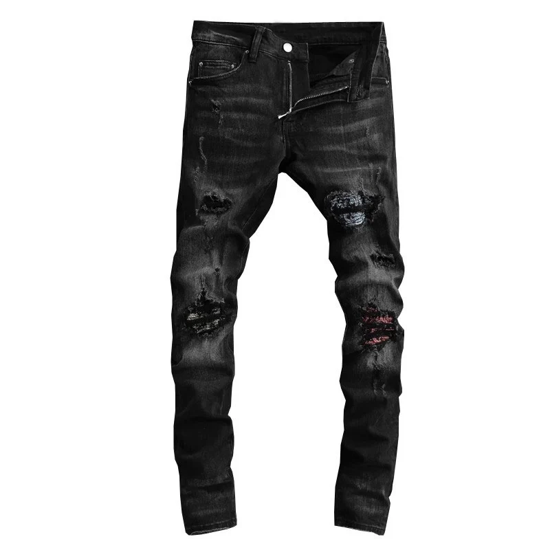 High Street Fashion Men Jeans Retro Black Gray Stretch Skinny Fit Ripped Jeans Men Bandana Patched Designer Hip Hop Brand Pants