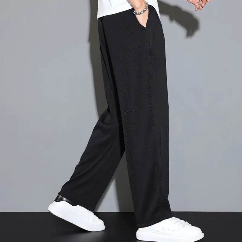Summer New Sagging Ice Silk Loose Wide Leg Pants Men\'s Solid Thin Elastic Waist Drawstring Straight Quick Drying Casual Trousers