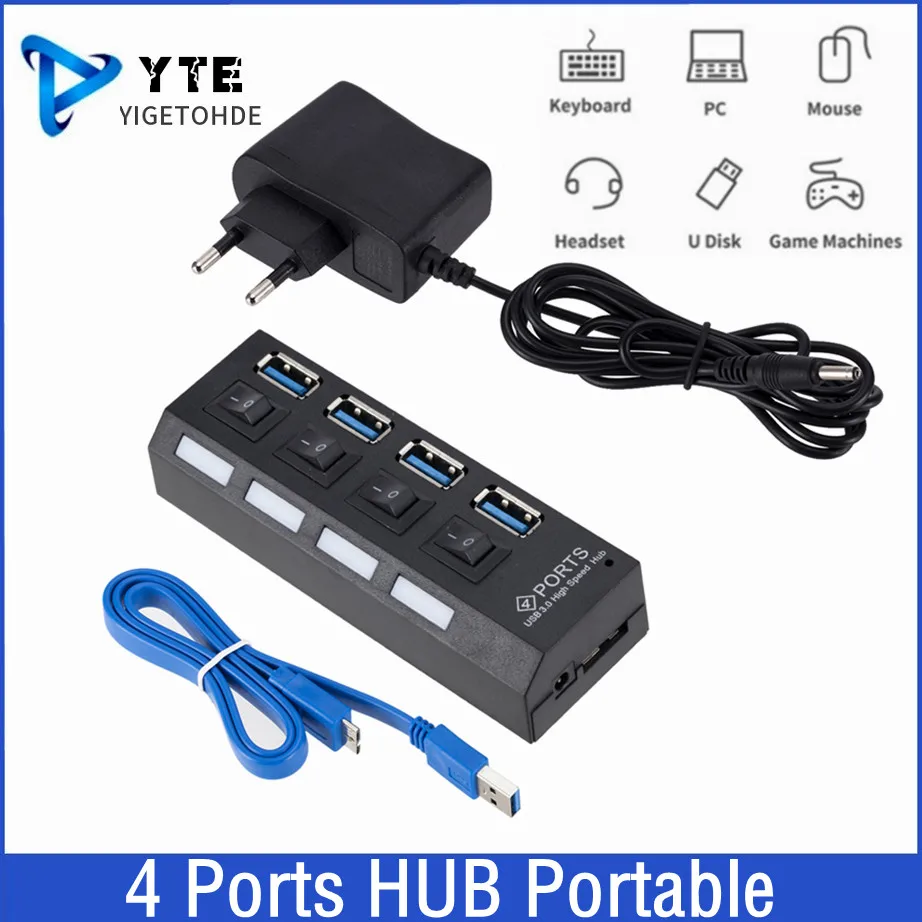 Mini Usb Hub 3.0 Super Velocidade 5gbps Usb3.0 Portas Hub Portátil Usb 3.0 Hub Divisor com Adaptador de Alimentação Externa para Acessório de Computador