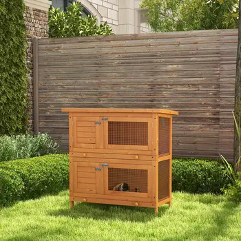 Pawhut 2-Tier Rabbit Hutch Wooden Bunny Guinea Pig Cage House 90 x 45 x 90cm