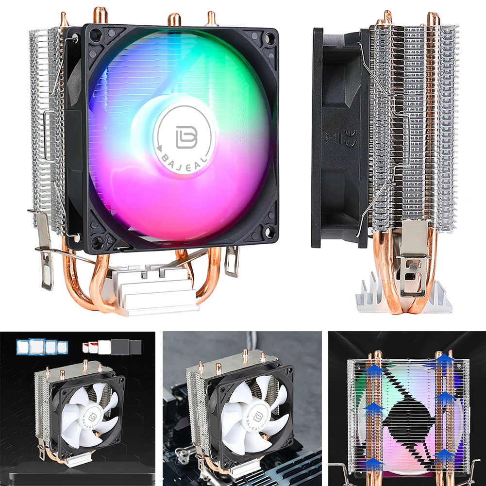 CPU 쿨러, 히트 파이프 2 개 포함, CPU 에어 쿨러, 인텔 LGA775, 1150, 1151, 1155, 1156/1200, AMD AM2 용, 3 핀 저소음 레인보우 RGB 냉각 선풍기