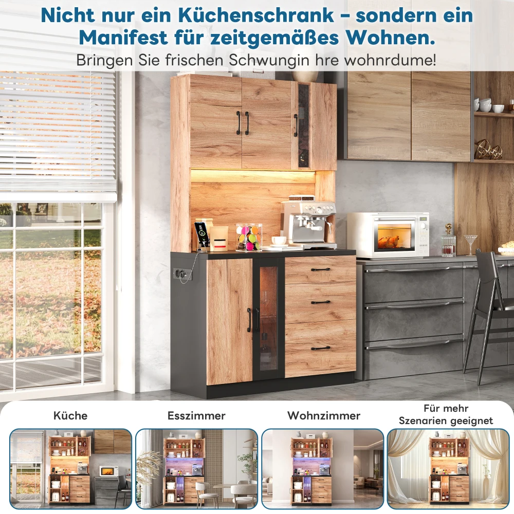 Stilvoller Küchenschrank, Schwarze Arbeitsplatte, Sideboard mit Verstellbarer LED-Beleuchtung und Steckdose, für Küchen, Esszimmer, Wohnzimmer – Detail 23